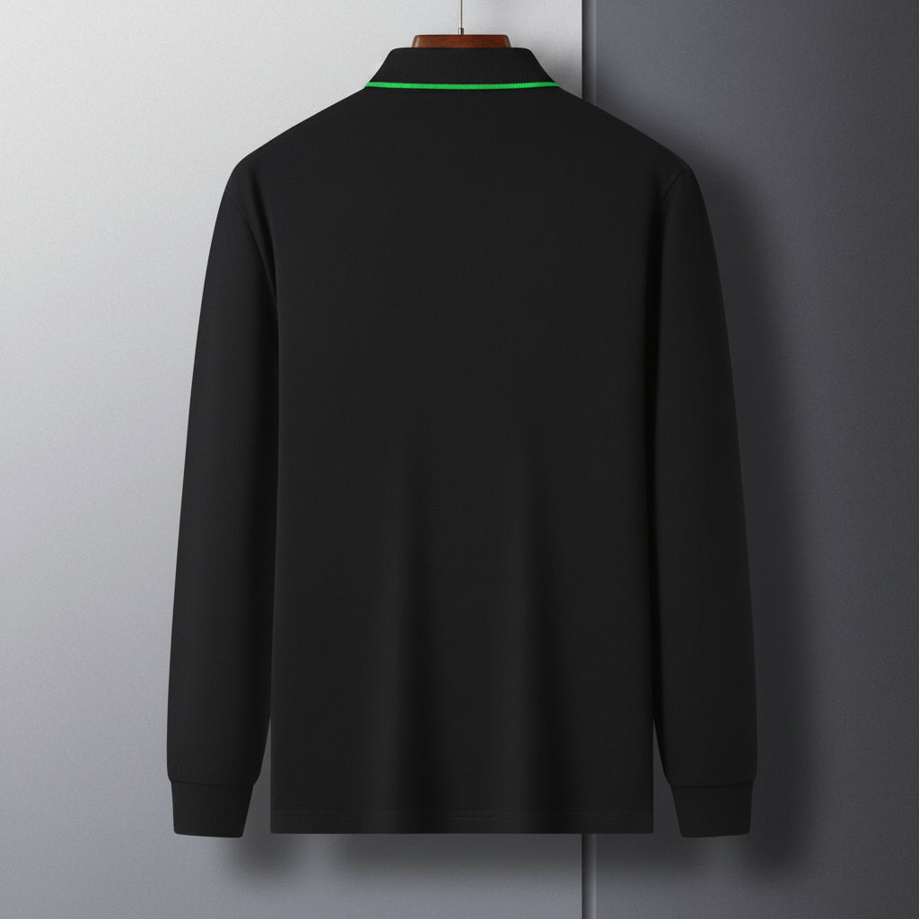 Navy blue pullover with plaid collar on a gray background
