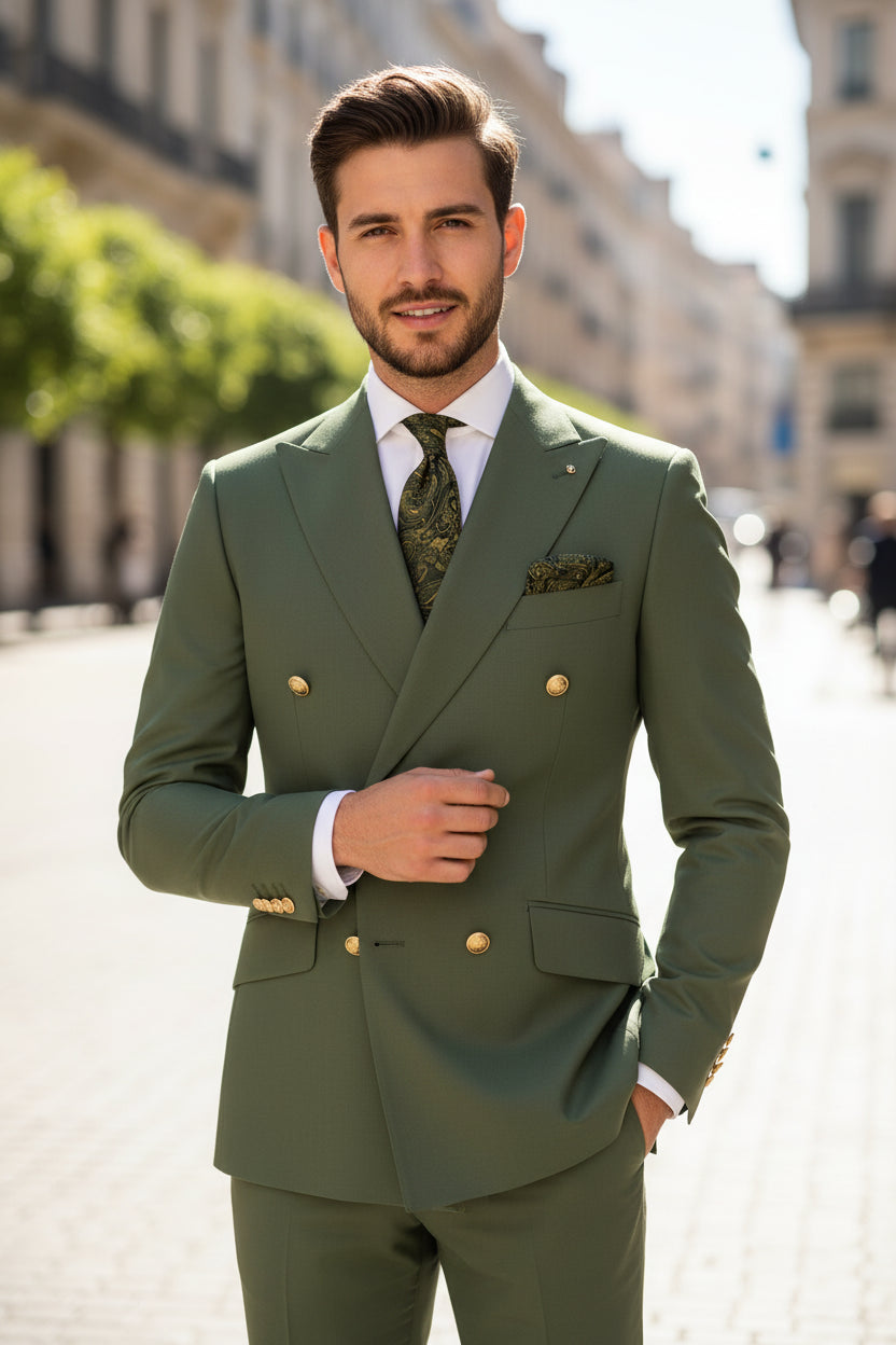 Green suit with jacket, pants, and tie on a white background