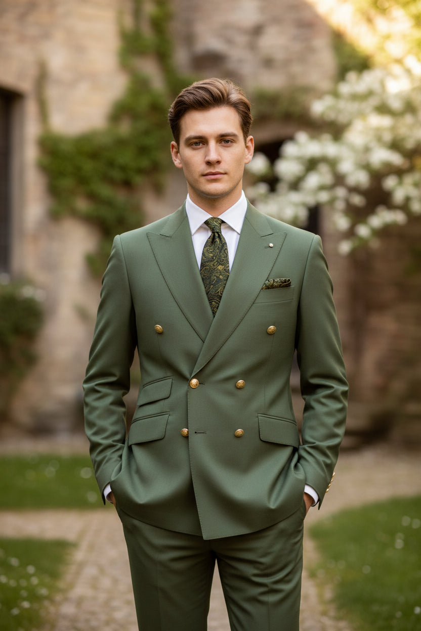 Green suit with jacket, pants, and tie on a white background