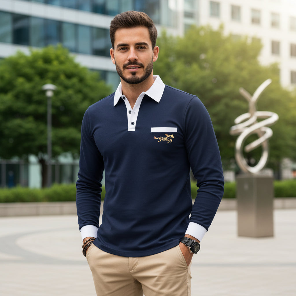 Man wearing a navy long-sleeve polo shirt with a logo, white collars, and beige pants.
