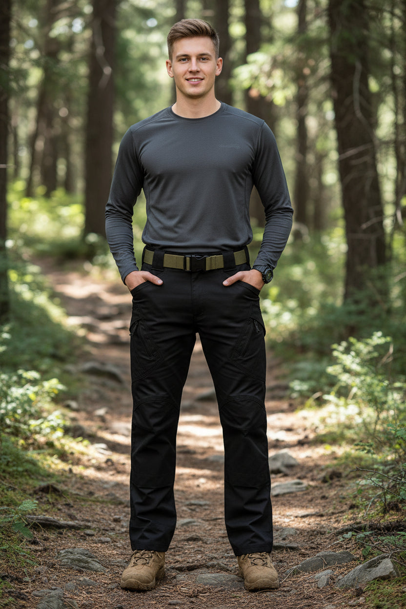 Black tactical pants with a belt on a white background