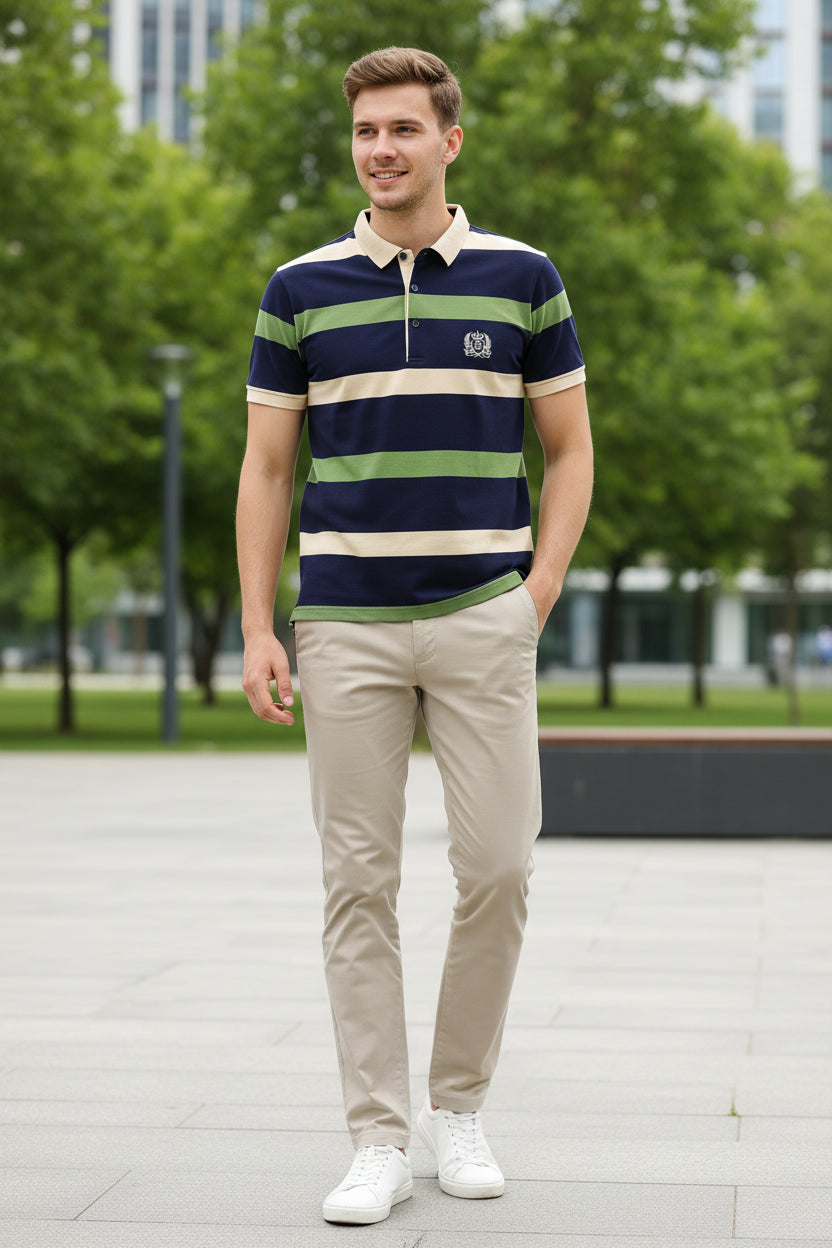 Navy blue polo shirt with green and beige stripes on a gray background