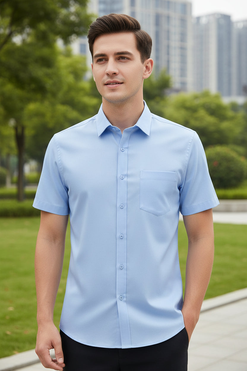 Folded light blue dress shirt on a white background