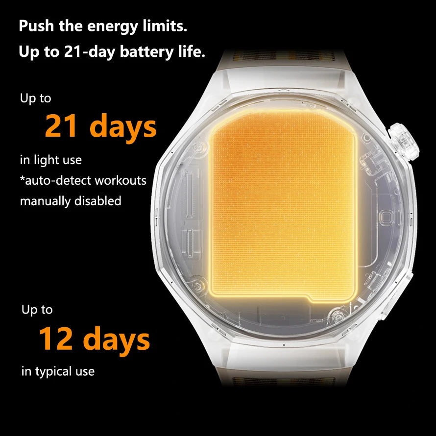 Watch with battery display and text about battery life on a black background