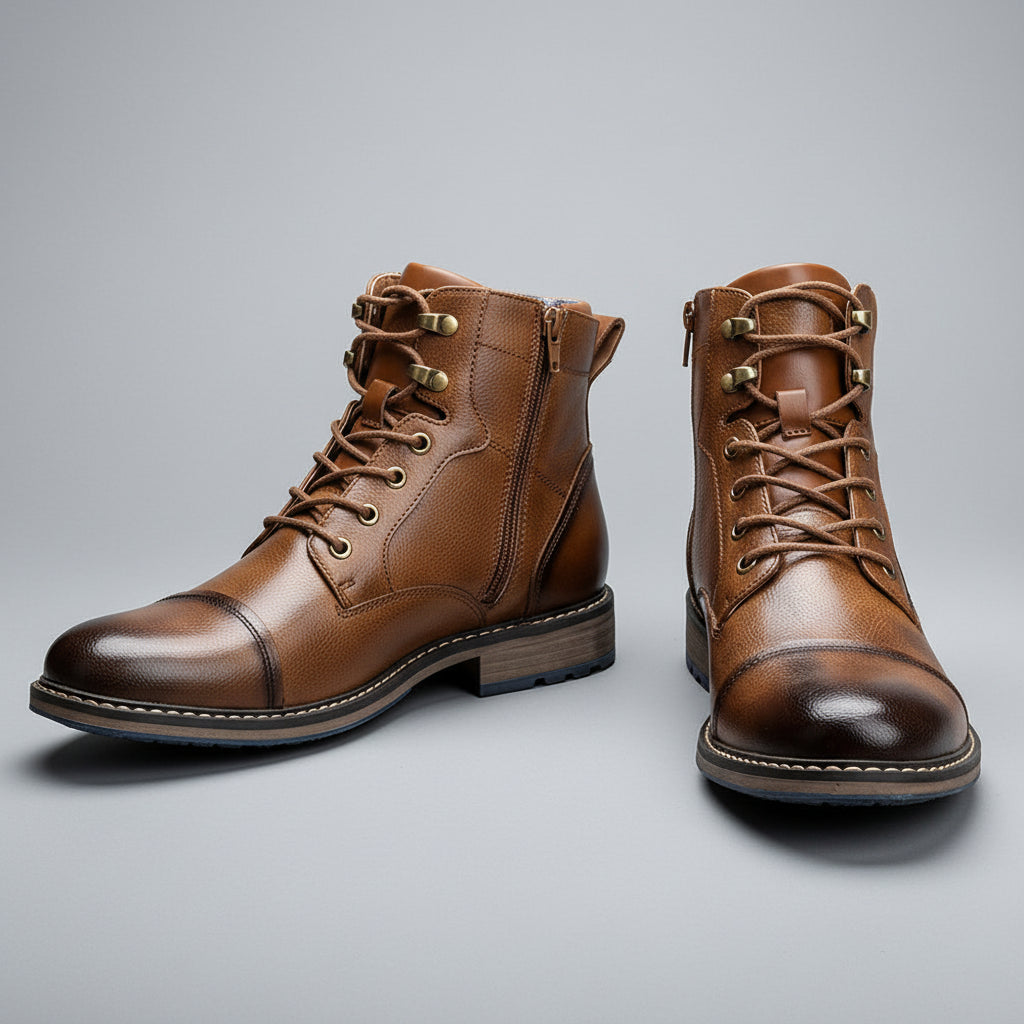 Pair of brown leather boots on a wooden surface with a dark fabric background