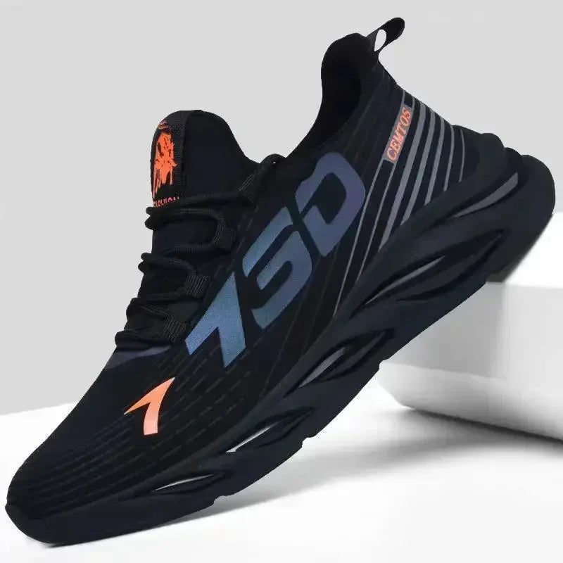 Black athletic shoe with orange and blue accents on a light gray background
