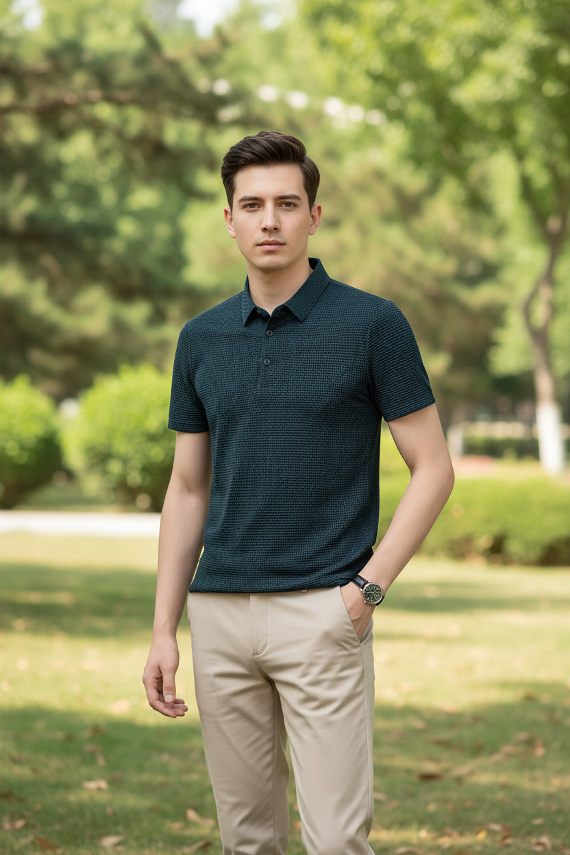 Man wearing a dark blue textured polo shirt against a gray background