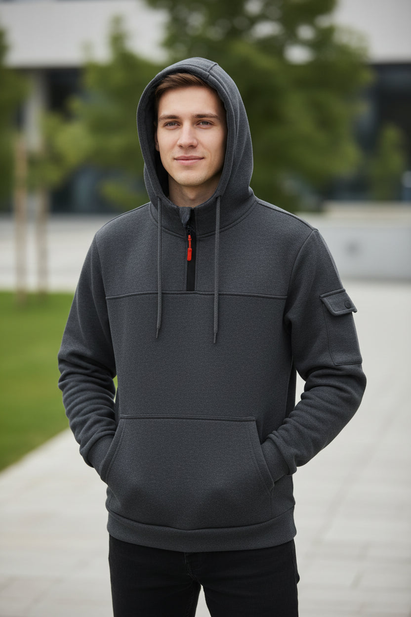 Gray hoodie with a red zipper on a white background