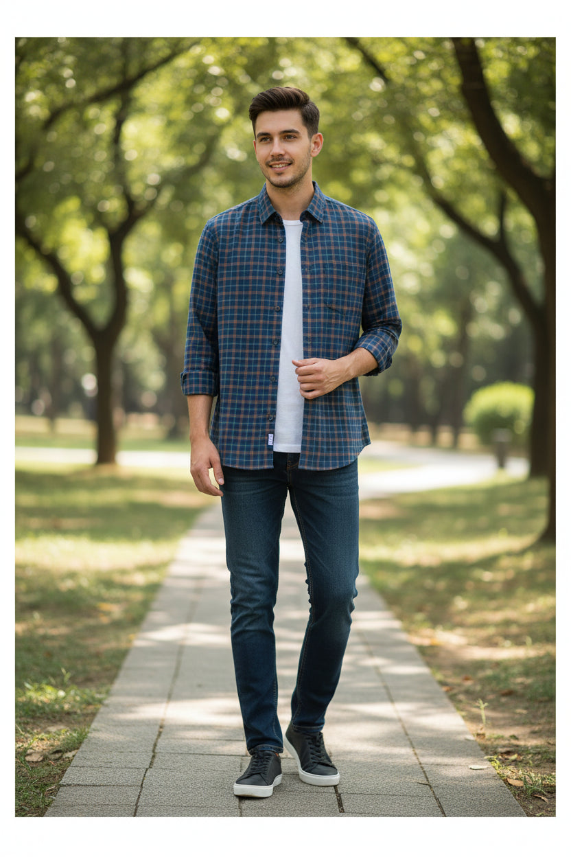 Blue plaid shirt with close-up details on a white background