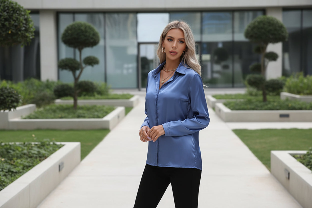 Elevate Your Office Style With The  Spring Summer Satin V-Neck Shirt