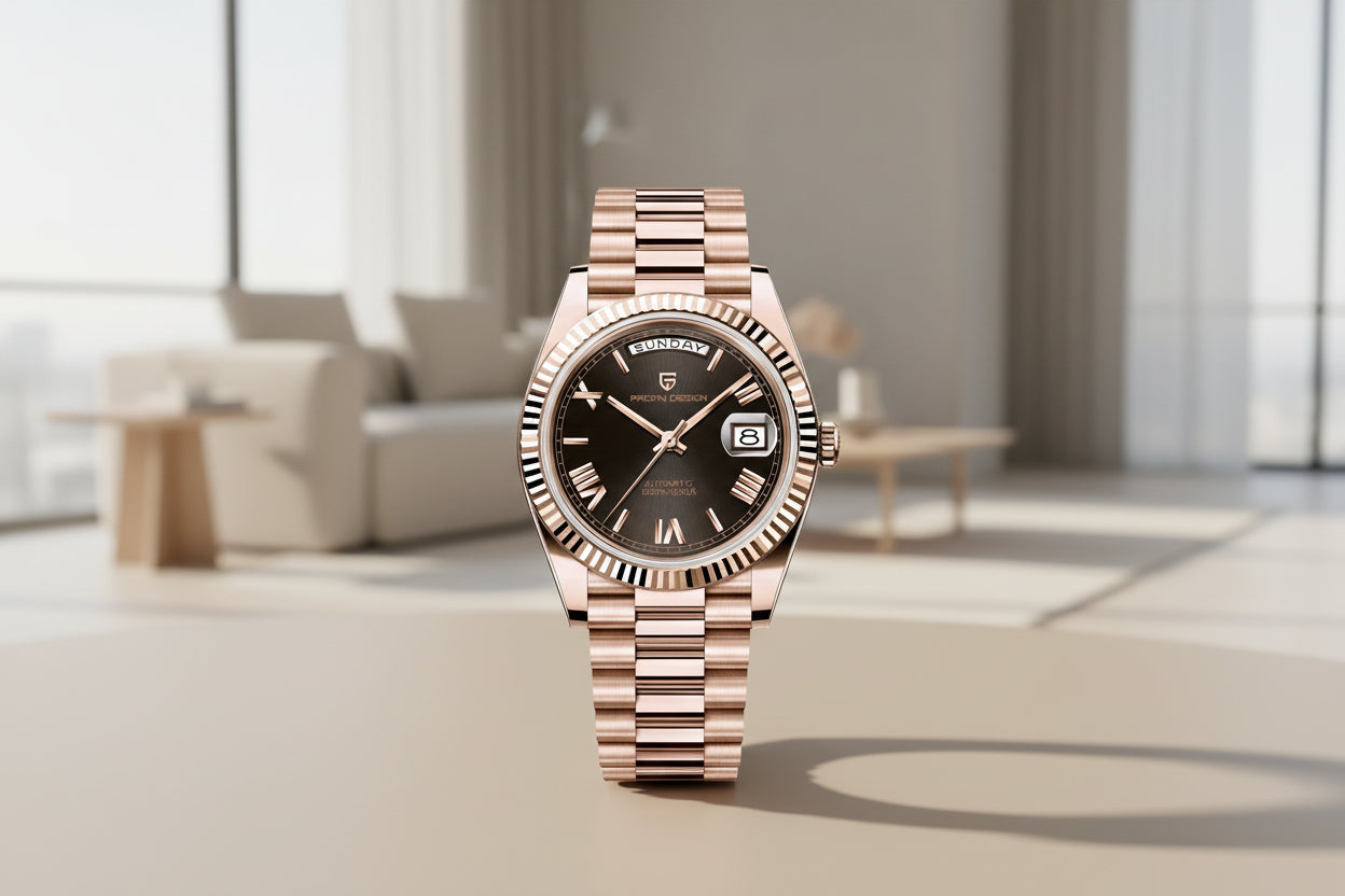 Rose gold watch with black dial and 'Pagani Design' branding on a white background.