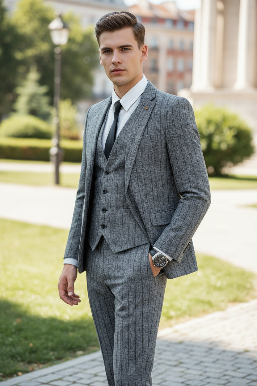 Person wearing a gray suit in a cafe setting