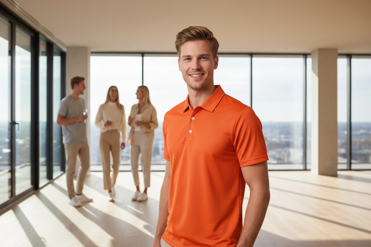 Orange polo shirt on a white background