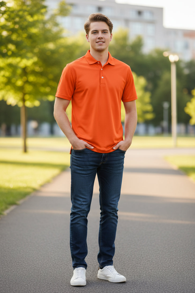 Orange polo shirt on a white background
