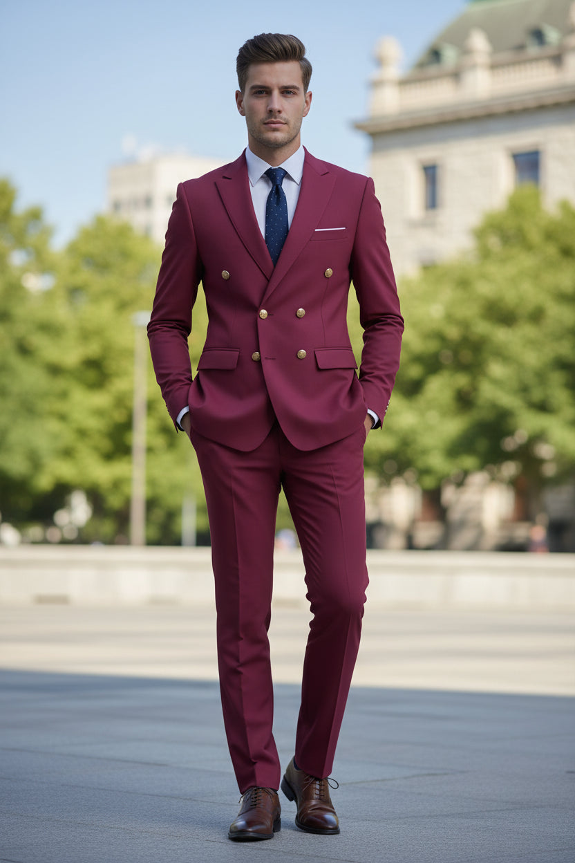 Magenta suit with gold buttons on a light gray background