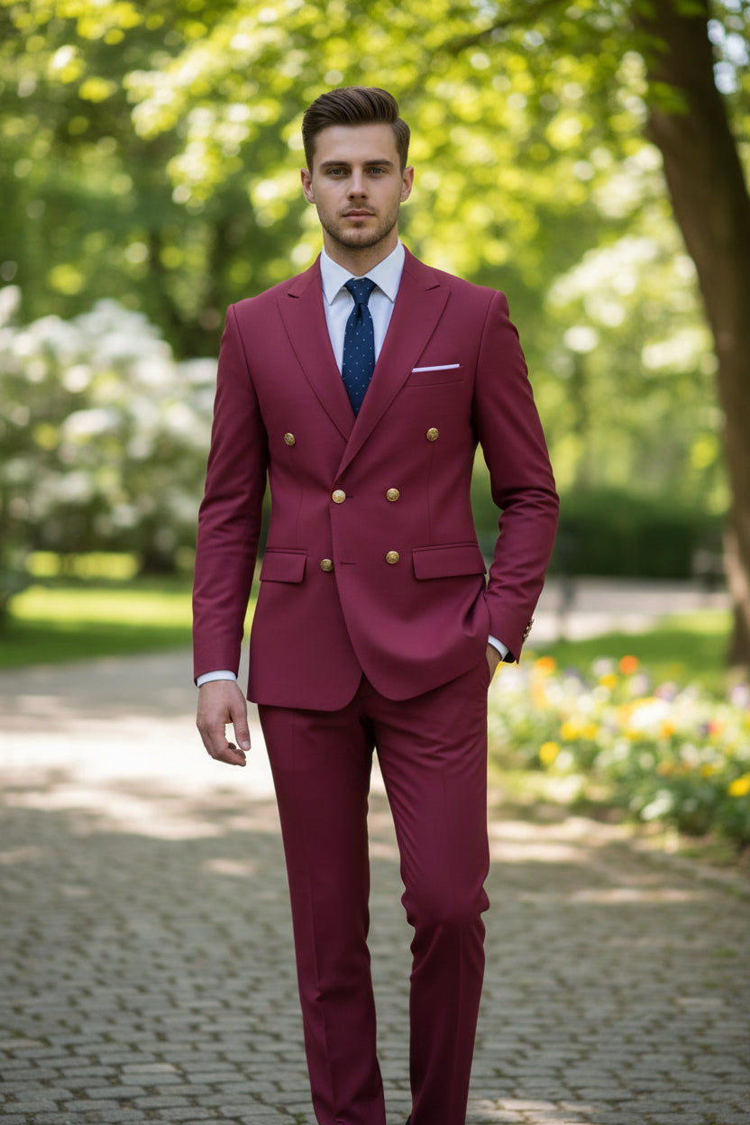 Magenta suit with gold buttons on a light gray background