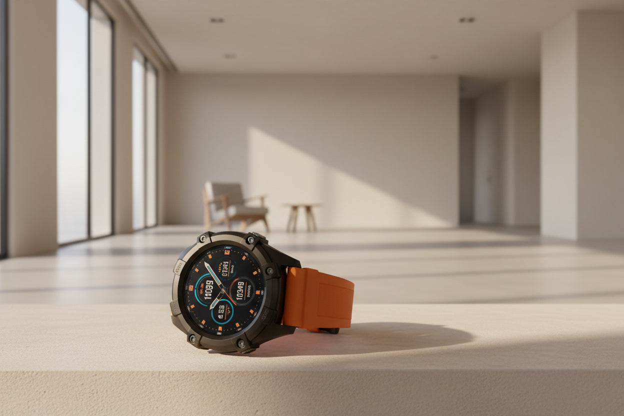 Smartwatch with black and orange band on a dark background, highlighting features like 1100mAh battery and IP68 waterproof rating.