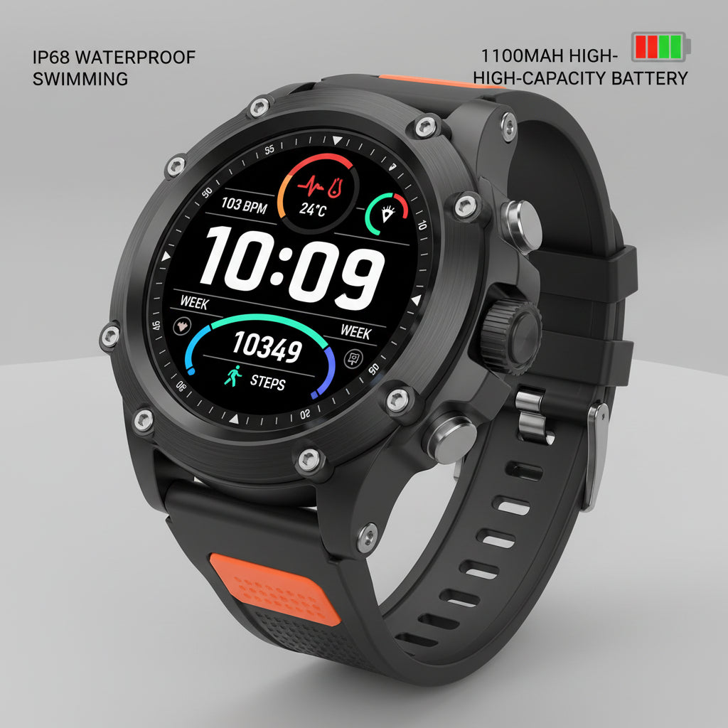 Smartwatch with black and orange band on a dark background, highlighting features like 1100mAh battery and IP68 waterproof rating.