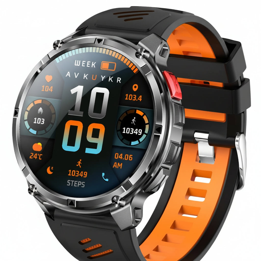 Smartwatch with black and orange band on a dark background, highlighting features like 1100mAh battery and IP68 waterproof rating.