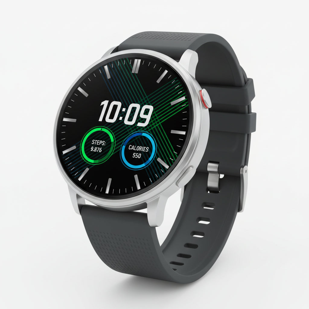 Smartwatch with AMOLED display and various features on a white background