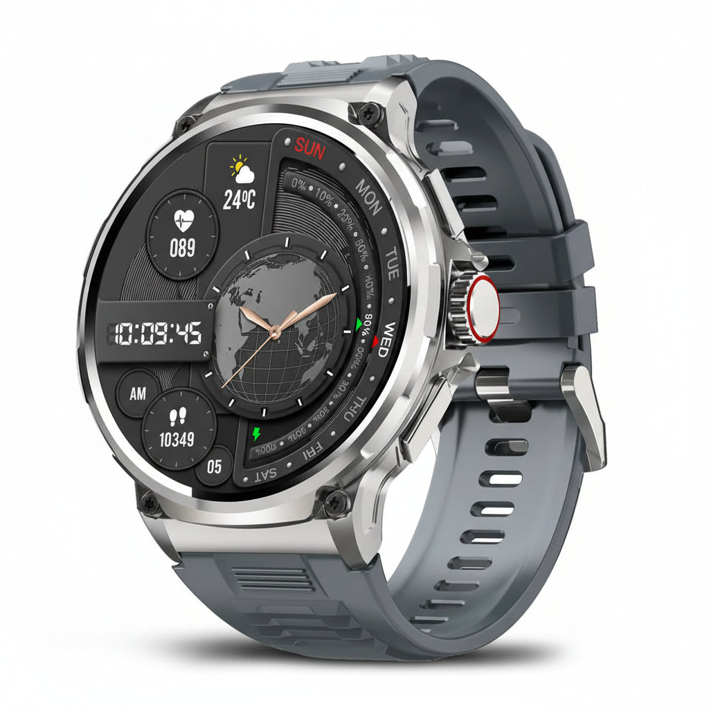 Smartwatch with AMOLED display and various features on a white background