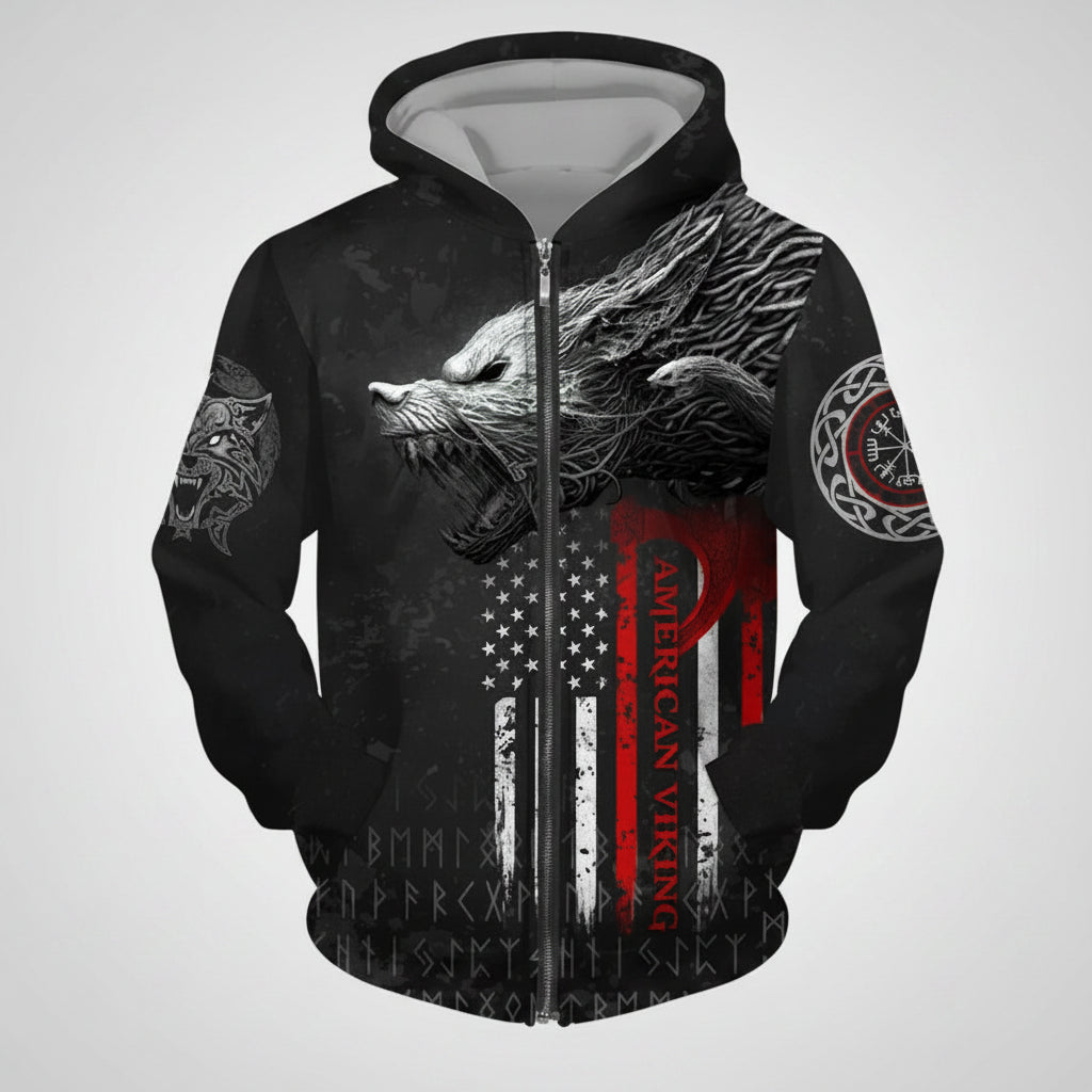 Black hoodie with wolf design and American Viking logo on a white background