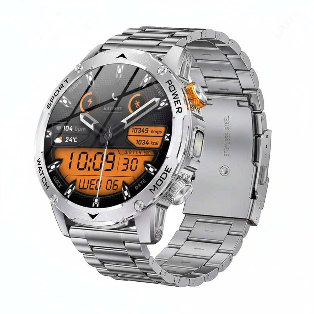 Silver smartwatch with digital display and various features highlighted on a white background
