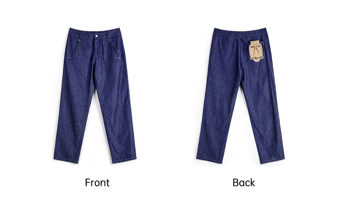Blue jeans shown from front and back on a white background