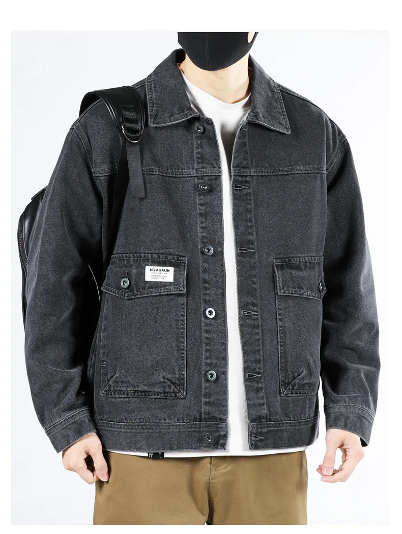 Spring and Autumn 2025 new men's loose and trendy denim jackets, pure cotton men's fashionable workwear jackets size S-4XL