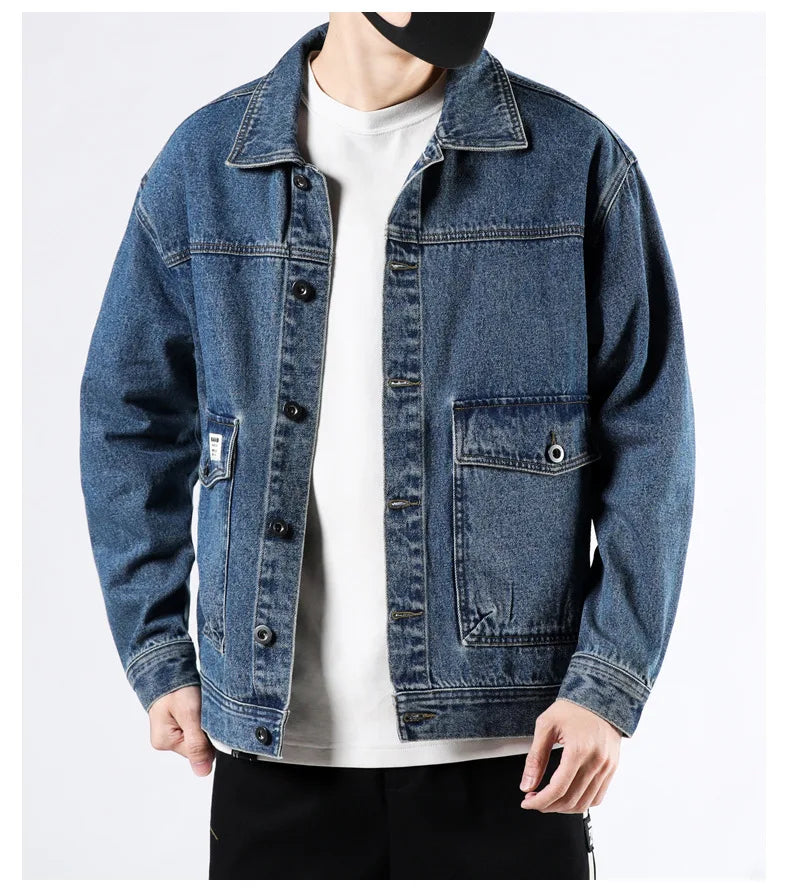 Spring and Autumn 2025 new men's loose and trendy denim jackets, pure cotton men's fashionable workwear jackets size S-4XL