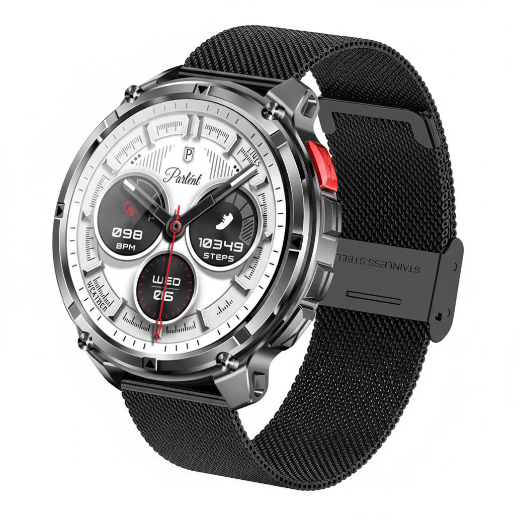 Smartwatch with black mesh band on a dark background with feature text overlay