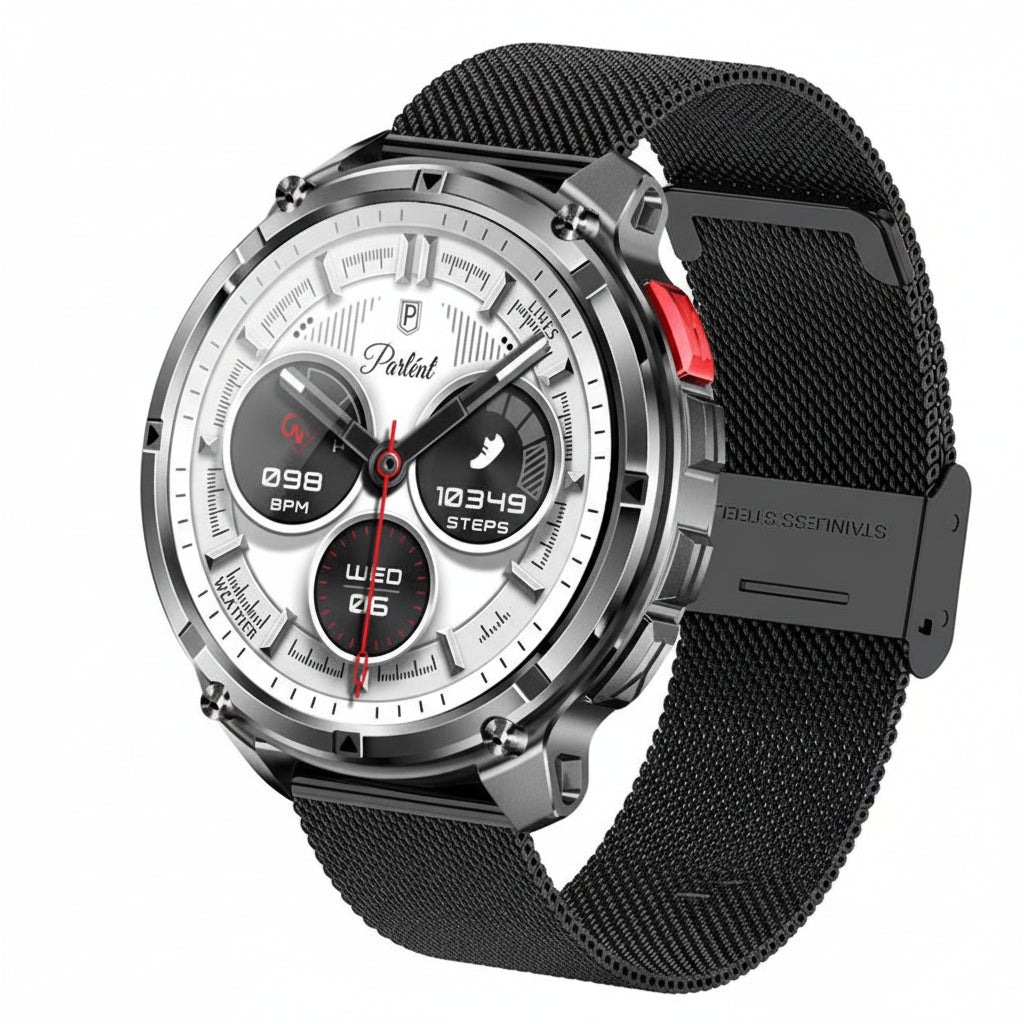Smartwatch with black mesh band on a dark background with feature text overlay