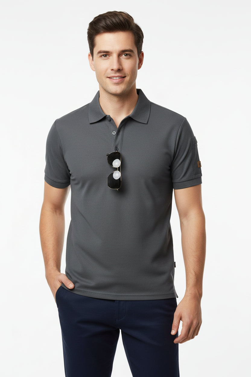 Gray polo shirt with sunglasses on a white background