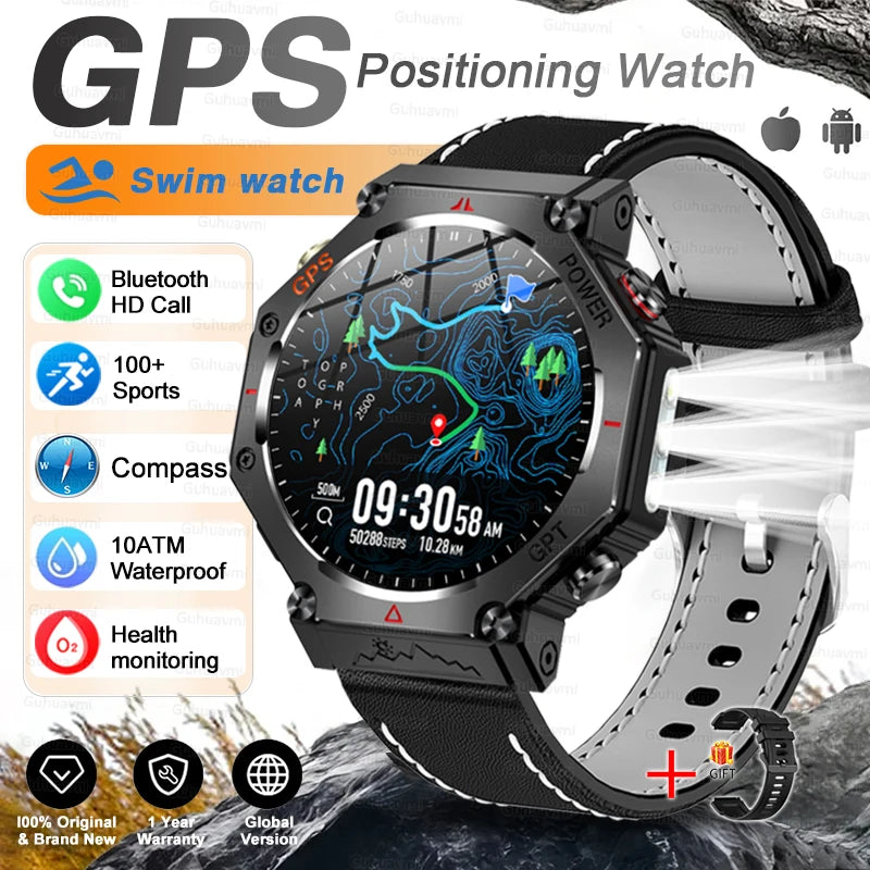 GPS positioning watch with black and white band on a rocky background