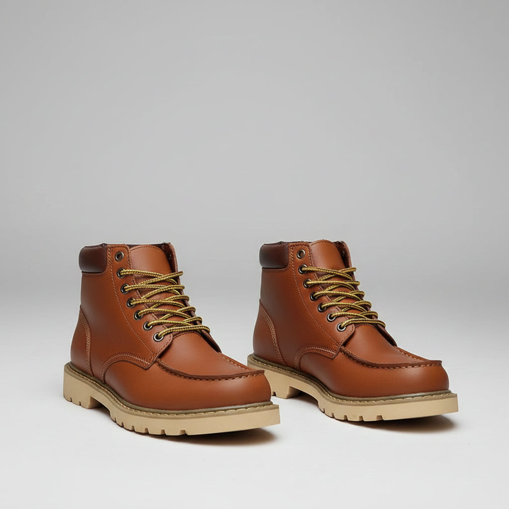 Brown leather boots with yellow laces worn by a person sitting on rusty metal steps.