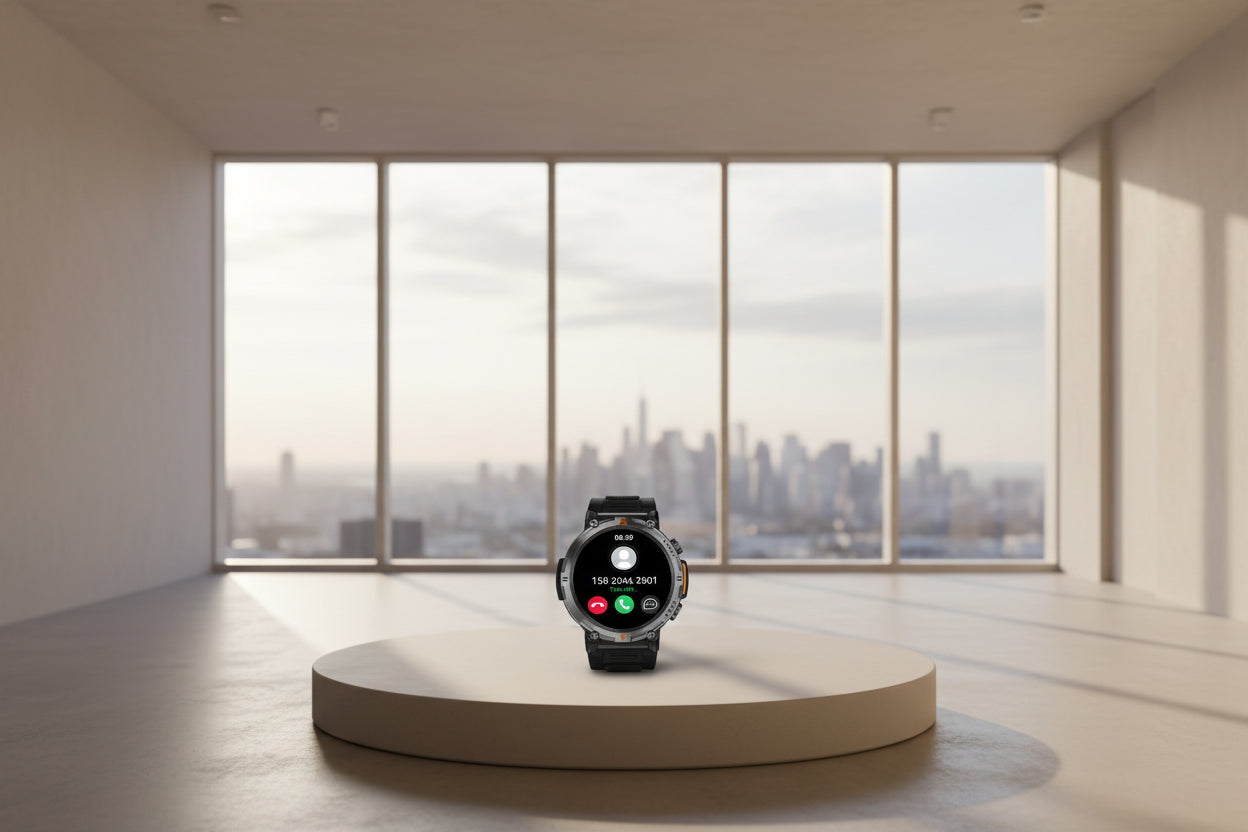 Smartwatch being used for Bluetooth phone calls with a person running in the background