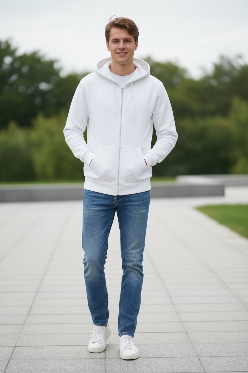 White hoodie with a zipper on a white background