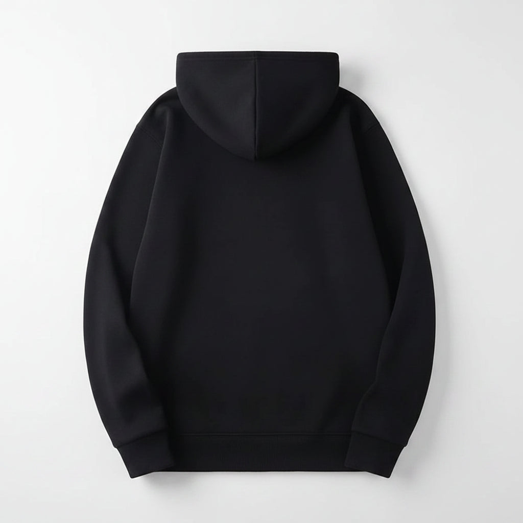 Black hoodie shown from the back on a white background