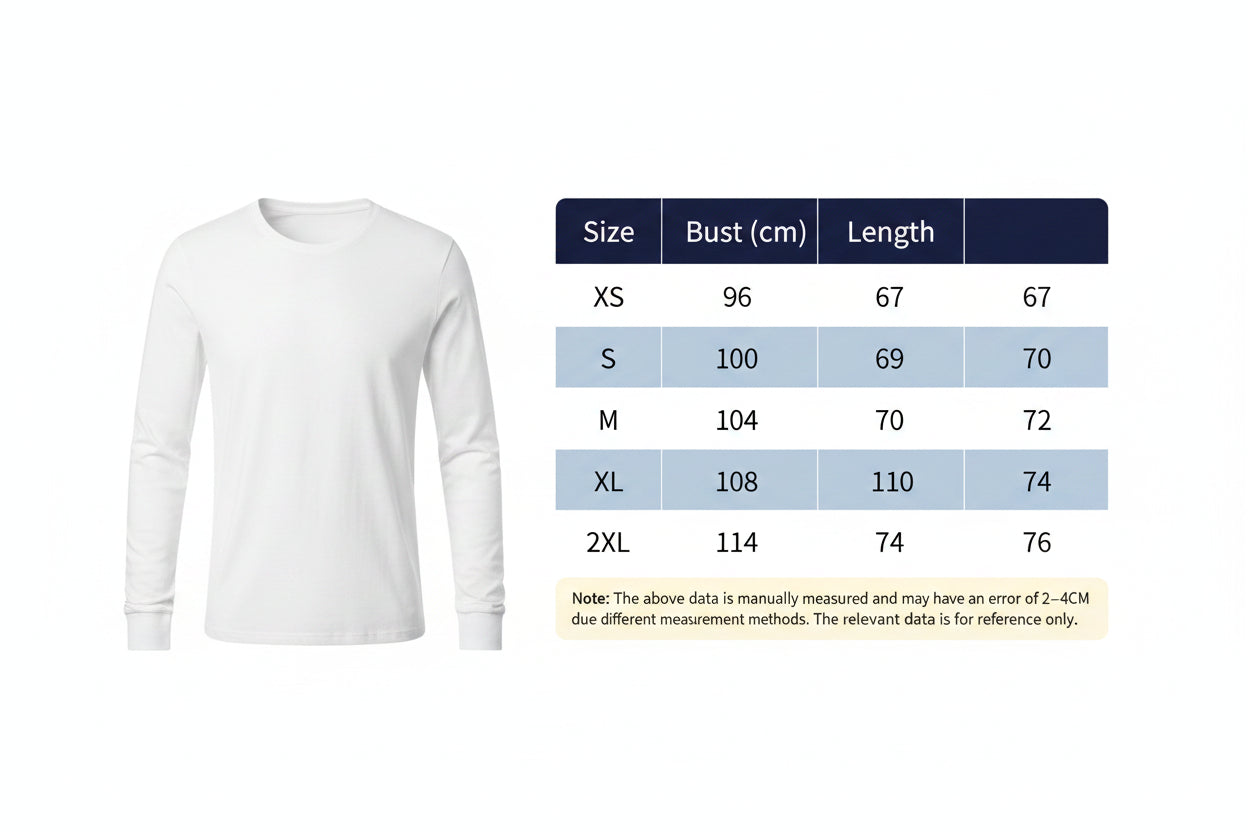 White long-sleeve shirt with size chart on a blue background