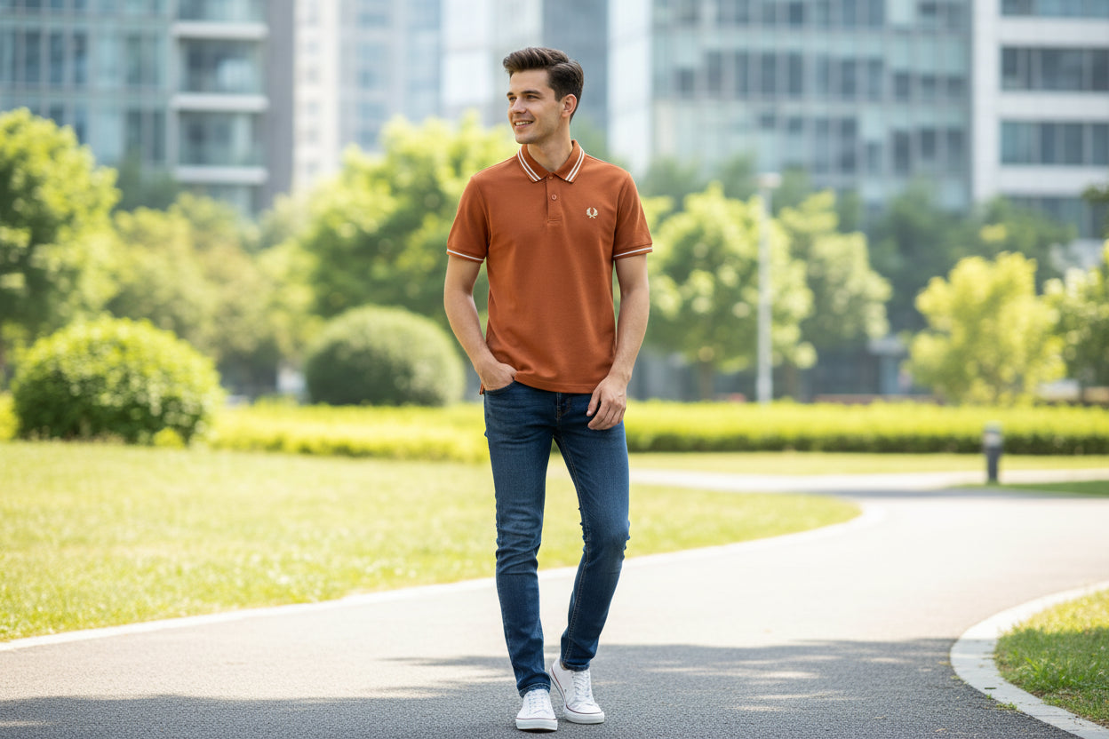 Brown polo shirt with white trim on a hanger, with a hand pointing to the brand logo.