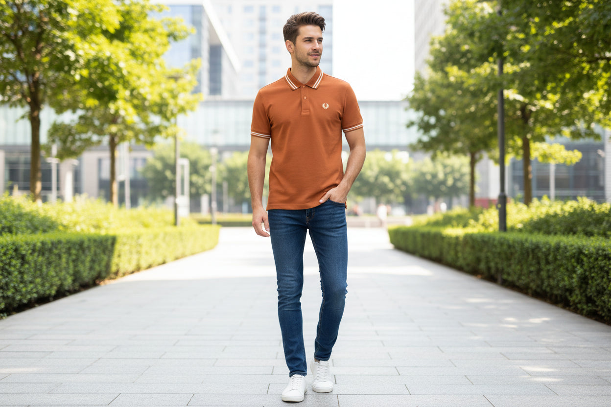 Brown polo shirt with white trim on a hanger, with a hand pointing to the brand logo.
