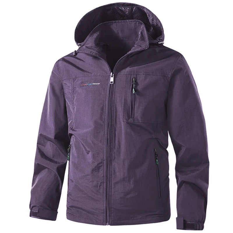 Mens Waterproof Jacket Outdood Hiking Cycling Hooded Windbreaker Multi-Pocket Camping Sportswear Windproof Workwear Coat for Men