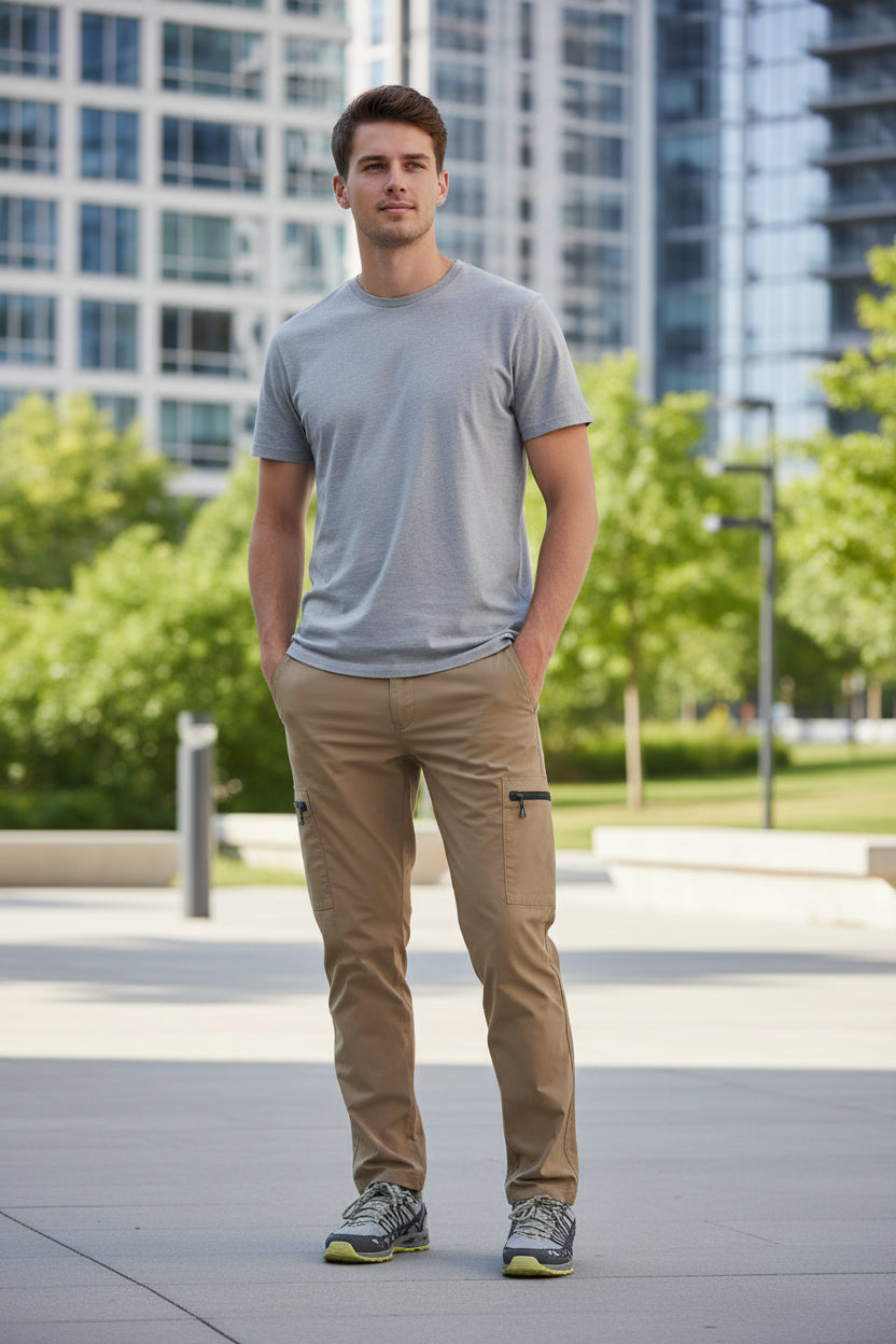 Beige pants worn by a person on a white background