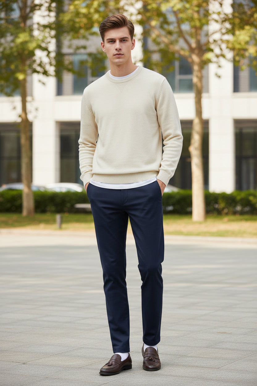 Folded dark blue pants with a brand logo on a gray background