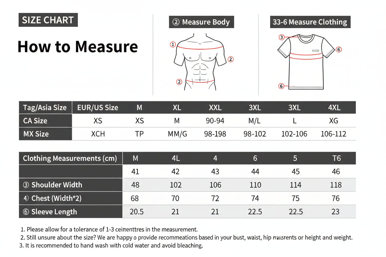 Size chart for clothing measurements with a person and t-shirt illustration.
