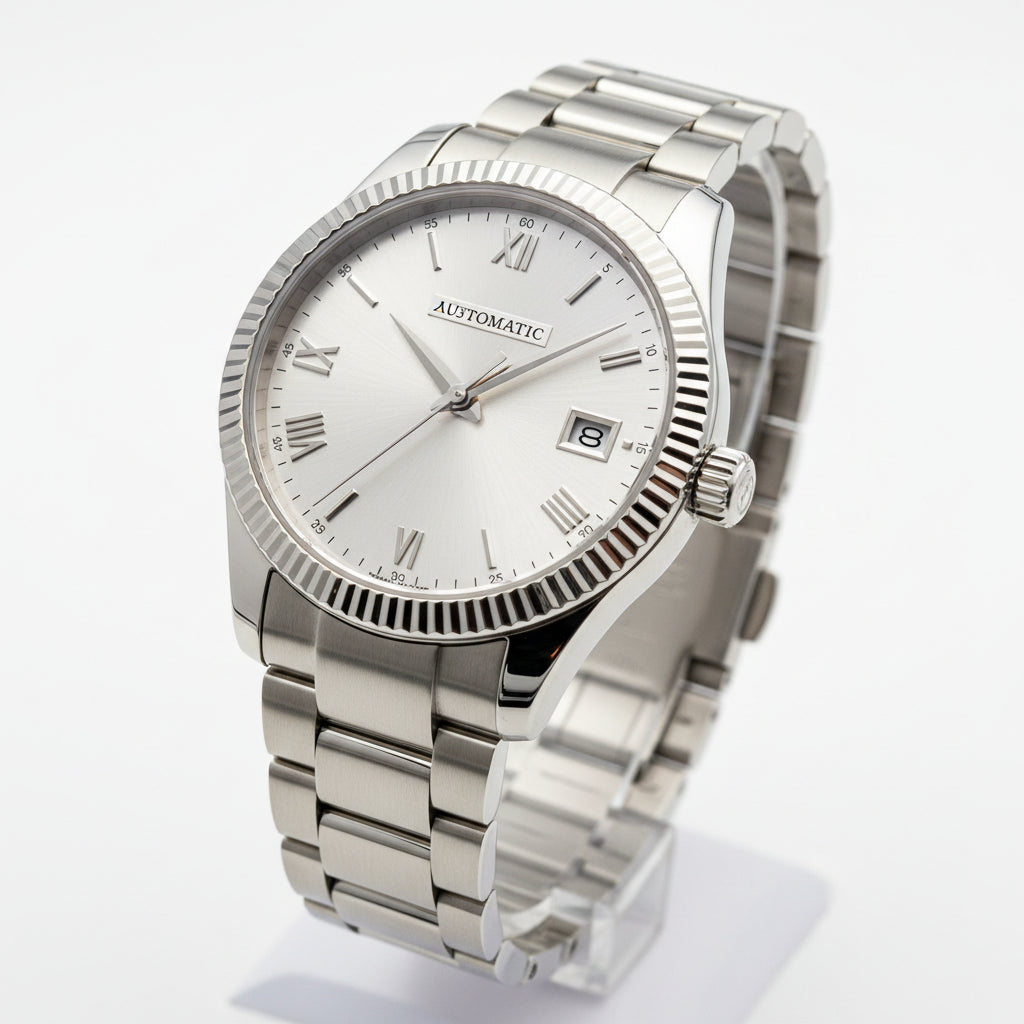Silver Pagani Design watch with detailed face and mechanical component on a white background