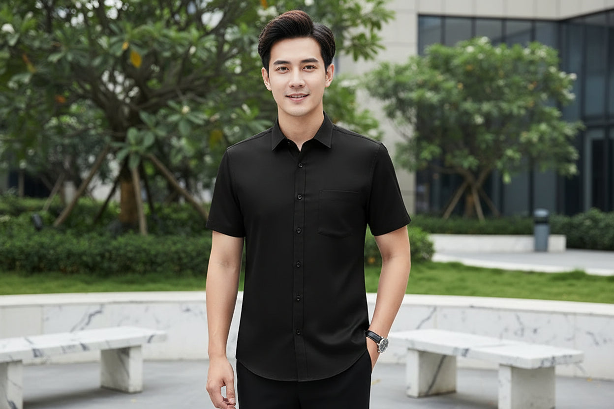 Folded black dress shirt on a white background