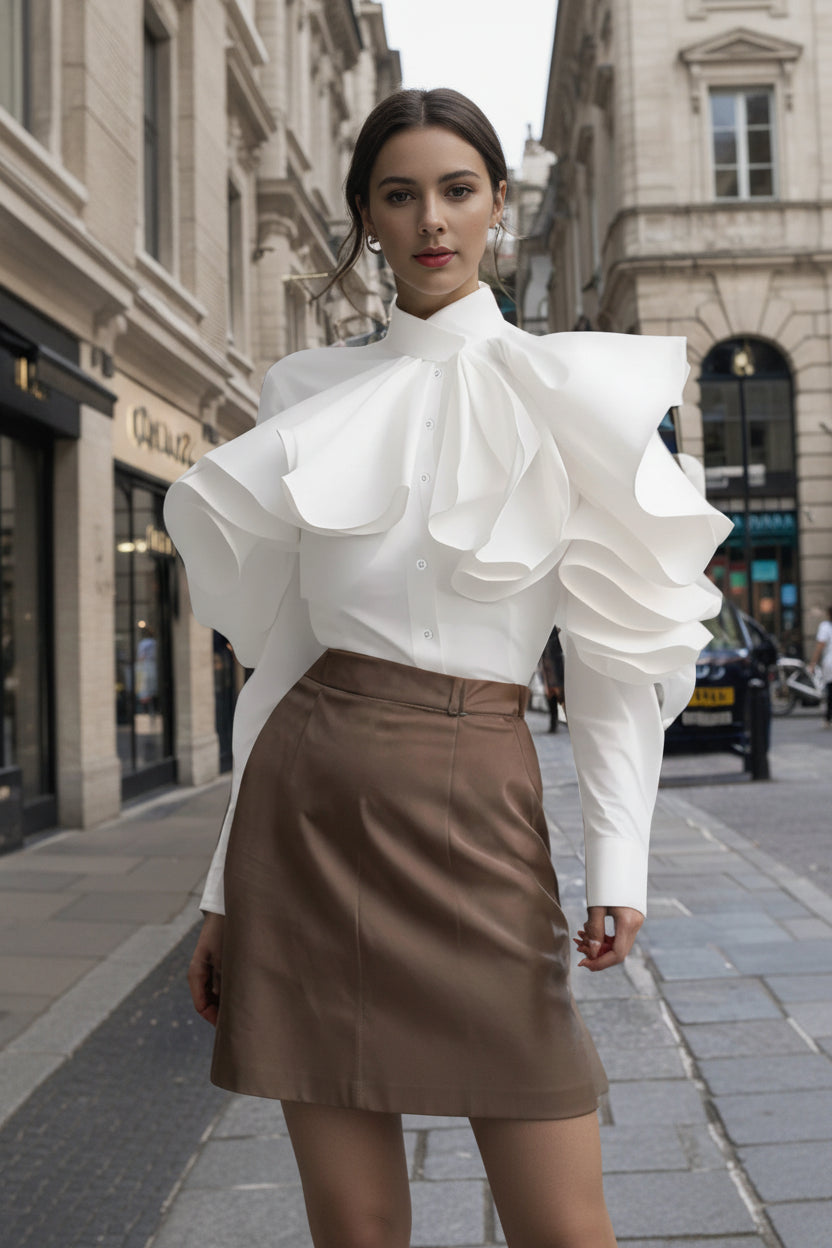 Person wearing a white blouse with ruffled details and a brown skirt on a city street.