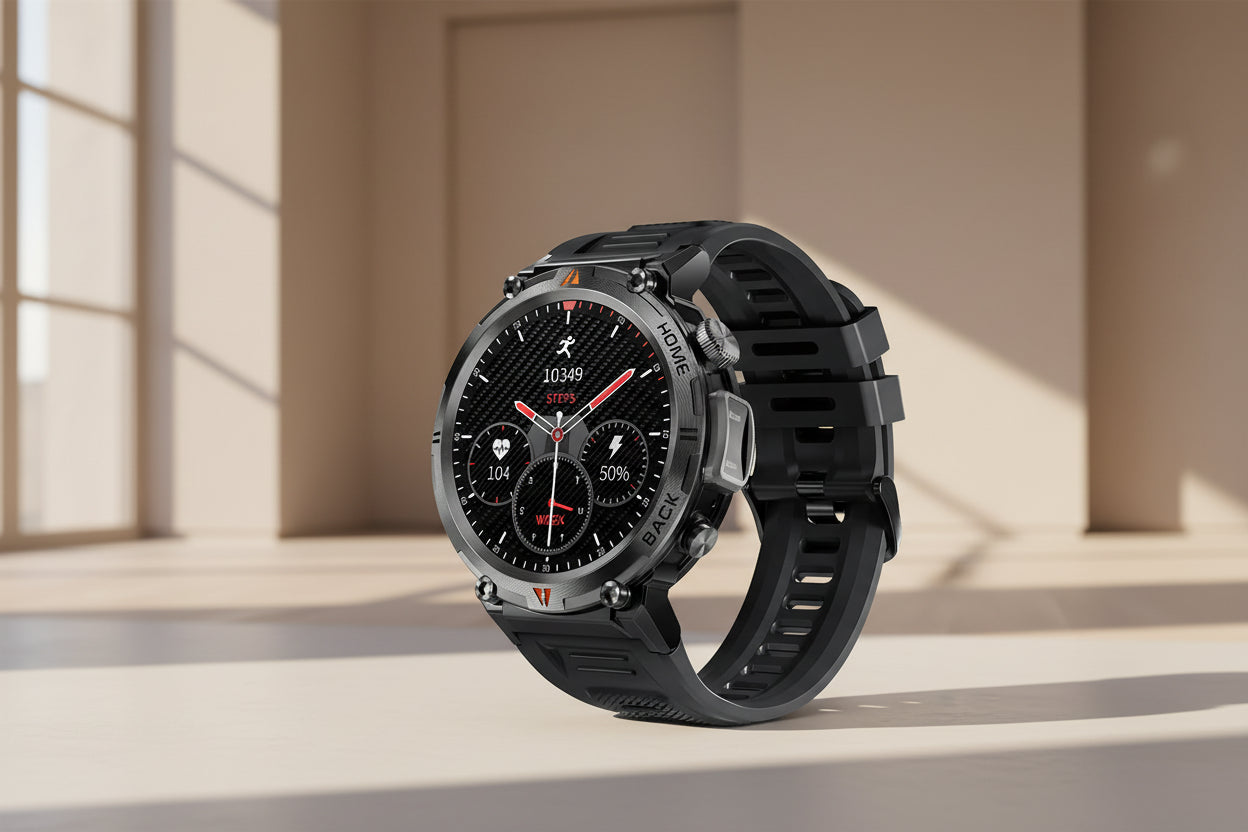 Black smartwatch with features highlighted on a white background, including battery life and sports capabilities.