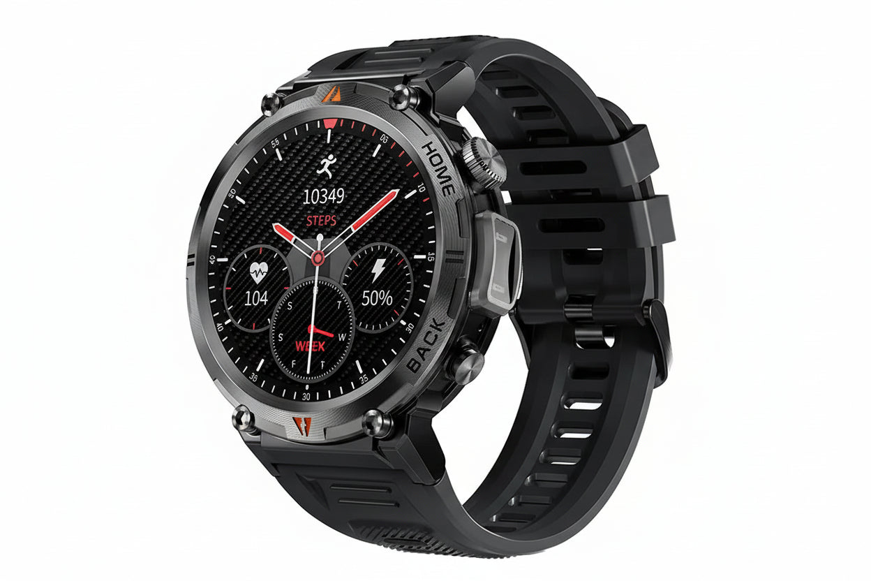 Black smartwatch with features highlighted on a white background, including battery life and sports capabilities.